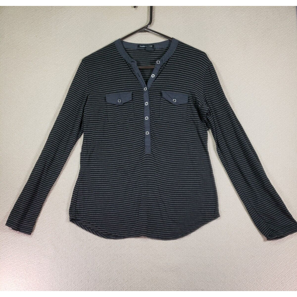 Sandra Ingrish‎ Shirt Small Striped Gray Henley Button Up Long Sleeve Cotton